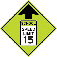 NMC - "School Speed Limit 15", "Up Arrow", 30" Wide x 30" High, Aluminum Warning & Safety Reminder Signs - 0.08" Thick, Black/Green, Diamond Grade Reflectivity, Diamond, Post Mount - Industrial Tool & Supply