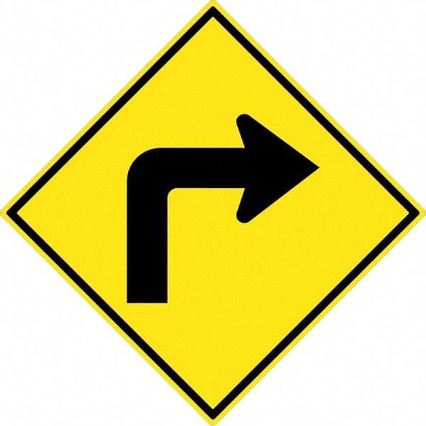 NMC - "Right Turn Arrow", 30" Wide x 30" High, Aluminum Traffic Control Signs - 0.08" Thick, Black on Yellow, High Intensity Reflectivity, Diamond, Post Mount - Industrial Tool & Supply