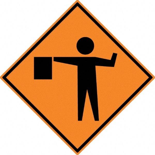 NMC - "Worker w/Directional Flag", 30" Wide x 30" High, Aluminum Construction Roadway Signs - 0.08" Thick, Black on Orange, High Intensity Reflectivity, Diamond, Post Mount - Industrial Tool & Supply