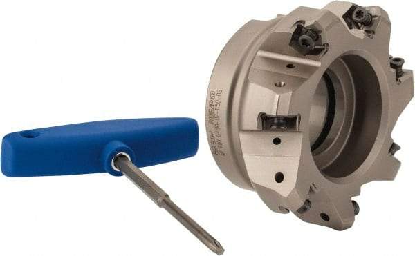 Iscar - 3.398" Cut Diam, 1-1/2" Arbor Hole, 0.138" Max Depth of Cut, 30° Indexable Chamfer & Angle Face Mill - 7 Inserts, H600 WXCU 08 Insert, Right Hand Cut, 7 Flutes, Through Coolant, Series Helido - Industrial Tool & Supply