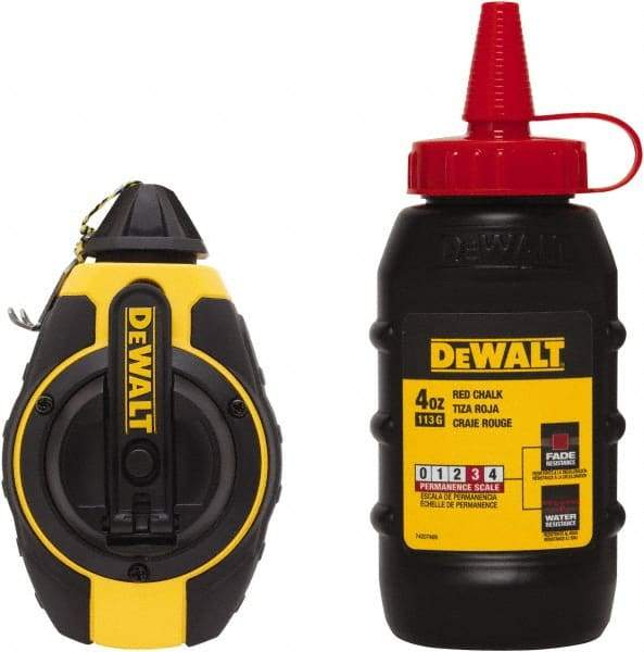 DeWALT - 100' Long Reel & Chalk Set - Yellow & Black, Includes 4 oz Red Chalk - Industrial Tool & Supply