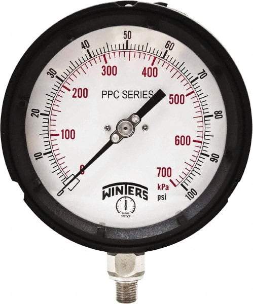 Winters - 4-1/2" Dial, 1/4 Thread, 0-100 Scale Range, Pressure Gauge - Bottom Connection Mount, Accurate to ±0.5% of Scale - Industrial Tool & Supply