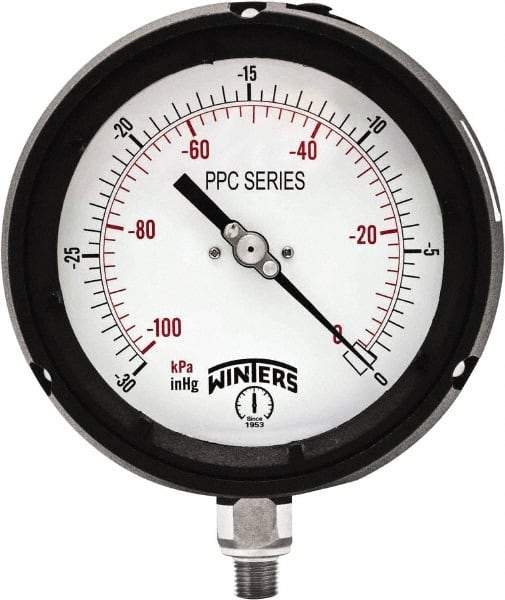 Winters - 4-1/2" Dial, 1/4 Thread, 30" HG Vac Scale Range, Pressure Gauge - Bottom Connection Mount, Accurate to ±0.5% of Scale - Industrial Tool & Supply