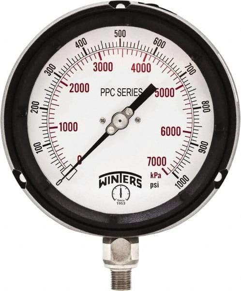 Winters - 4-1/2" Dial, 1/4 Thread, 0-1,000 Scale Range, Pressure Gauge - Bottom Connection Mount, Accurate to ±0.5% of Scale - Industrial Tool & Supply