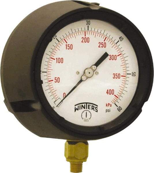 Winters - 4-1/2" Dial, 1/4 Thread, 0-60 Scale Range, Pressure Gauge - Bottom Connection Mount, Accurate to ±0.5% of Scale - Industrial Tool & Supply