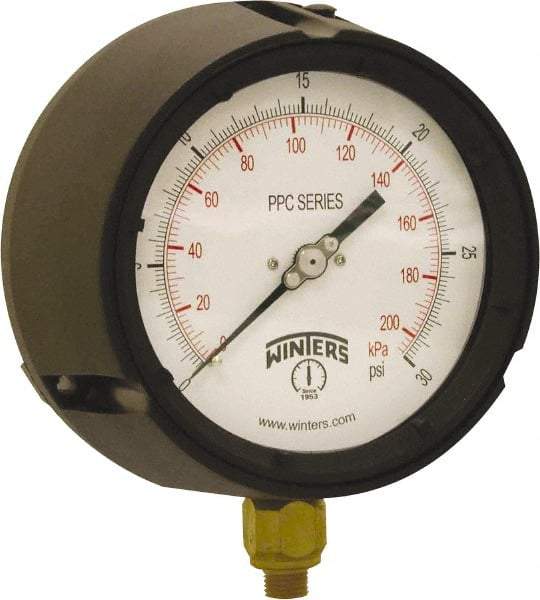 Winters - 4-1/2" Dial, 1/4 Thread, 0-30 Scale Range, Pressure Gauge - Bottom Connection Mount, Accurate to ±0.5% of Scale - Industrial Tool & Supply