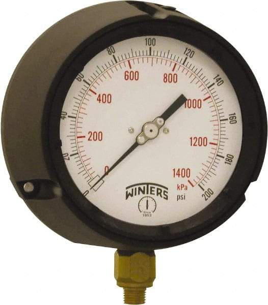 Winters - 4-1/2" Dial, 1/4 Thread, 0-200 Scale Range, Pressure Gauge - Bottom Connection Mount, Accurate to ±0.5% of Scale - Industrial Tool & Supply