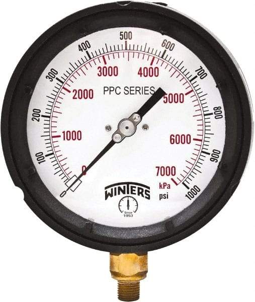 Winters - 4-1/2" Dial, 1/4 Thread, 0-1,000 Scale Range, Pressure Gauge - Bottom Connection Mount, Accurate to ±0.5% of Scale - Industrial Tool & Supply