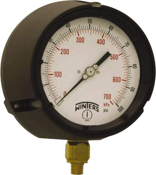 Winters - 4-1/2" Dial, 1/4 Thread, 0-100 Scale Range, Pressure Gauge - Bottom Connection Mount, Accurate to ±0.5% of Scale - Industrial Tool & Supply
