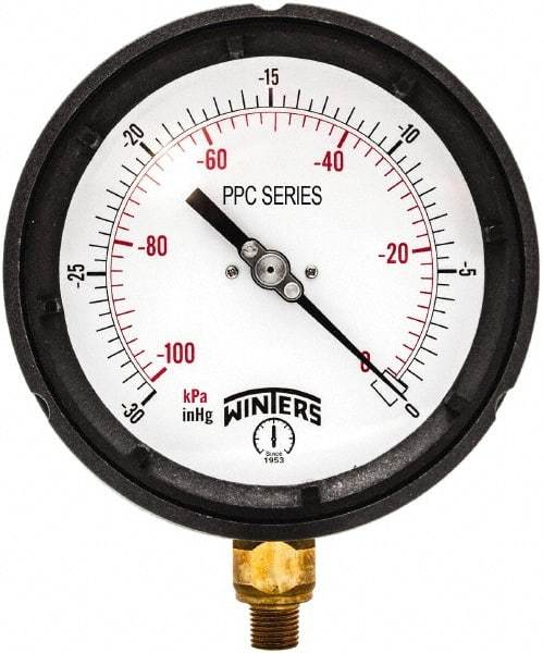 Winters - 4-1/2" Dial, 1/4 Thread, 30-0 Hg VAC Scale Range, Pressure Gauge - Bottom Connection Mount, Accurate to ±0.5% of Scale - Industrial Tool & Supply