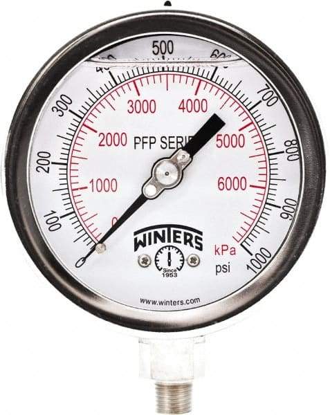 Winters - 4" Dial, 1/4 Thread, 0-1,000 Scale Range, Pressure Gauge - Bottom Connection Mount, Accurate to 0.01% of Scale - Industrial Tool & Supply