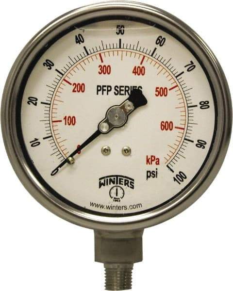 Winters - 4" Dial, 1/4 Thread, 0-100 Scale Range, Pressure Gauge - Bottom Connection Mount, Accurate to 0.01% of Scale - Industrial Tool & Supply