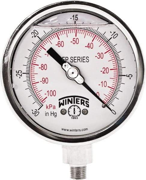 Winters - 4" Dial, 1/4 Thread, 30" HG Vac Scale Range, Pressure Gauge - Bottom Connection Mount, Accurate to 1% Full-Scale of Scale - Industrial Tool & Supply