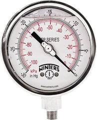 Winters - 4" Dial, 1/4 Thread, 30" HG Vac Scale Range, Pressure Gauge - Bottom Connection Mount, Accurate to 1% Full-Scale of Scale - Industrial Tool & Supply