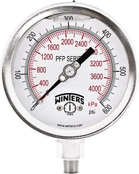 Winters - 4" Dial, 1/4 Thread, 0-600 Scale Range, Pressure Gauge - Bottom Connection Mount, Accurate to 1% Full-Scale of Scale - Industrial Tool & Supply