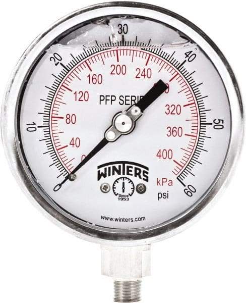 Winters - 4" Dial, 1/4 Thread, 0-60 Scale Range, Pressure Gauge - Bottom Connection Mount, Accurate to 1% Full-Scale of Scale - Industrial Tool & Supply