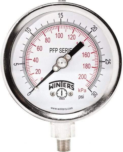 Winters - 4" Dial, 1/4 Thread, 0-30 Scale Range, Pressure Gauge - Bottom Connection Mount, Accurate to 0.01% of Scale - Industrial Tool & Supply