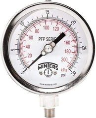 Winters - 4" Dial, 1/4 Thread, 0-30 Scale Range, Pressure Gauge - Bottom Connection Mount, Accurate to 1% Full-Scale of Scale - Industrial Tool & Supply