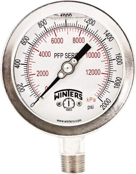 Winters - 4" Dial, 1/4 Thread, 0-2,000 Scale Range, Pressure Gauge - Bottom Connection Mount, Accurate to 1% Full-Scale of Scale - Industrial Tool & Supply