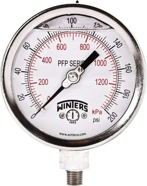 Winters - 4" Dial, 1/4 Thread, 0-200 Scale Range, Pressure Gauge - Bottom Connection Mount, Accurate to 0.01% of Scale - Industrial Tool & Supply