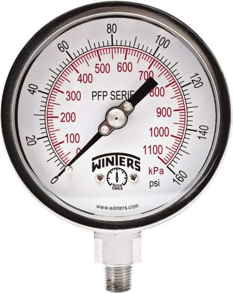 Winters - 4" Dial, 1/4 Thread, 0-160 Scale Range, Pressure Gauge - Bottom Connection Mount, Accurate to 1% Full-Scale of Scale - Industrial Tool & Supply