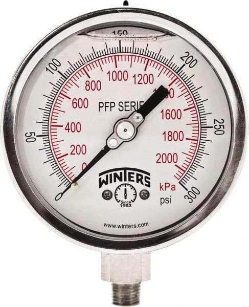 Winters - 4" Dial, 1/4 Thread, 0-300 Scale Range, Pressure Gauge - Bottom Connection Mount, Accurate to 0.01% of Scale - Industrial Tool & Supply