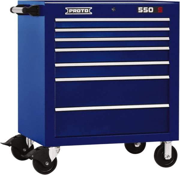 Proto - 7 Drawer Steel Tool Roller Cabinet - 34" Wide x 41" High x 25-1/4" Deep, Ball Bearing Drawer Slides, Blue - Industrial Tool & Supply