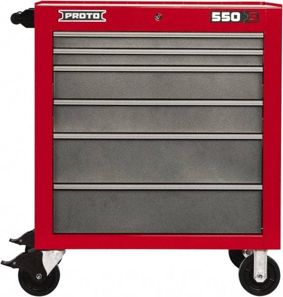 Proto - 6 Drawer Steel Tool Roller Cabinet - 34" Wide x 41" High x 25-1/4" Deep, Ball Bearing Drawer Slides, Safety Red/Gray - Industrial Tool & Supply
