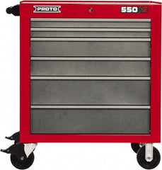 Proto - 6 Drawer Steel Tool Roller Cabinet - 34" Wide x 41" High x 25-1/4" Deep, Ball Bearing Drawer Slides, Safety Red/Gray - Industrial Tool & Supply