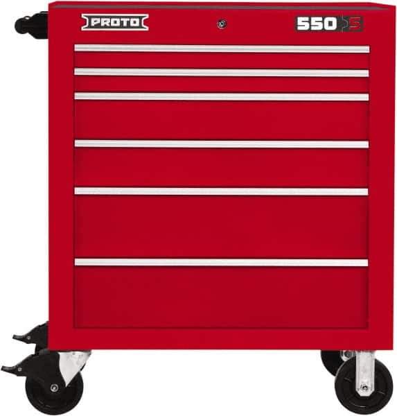 Proto - 6 Drawer Steel Tool Roller Cabinet - 34" Wide x 41" High x 25-1/4" Deep, Ball Bearing Drawer Slides, Red - Industrial Tool & Supply