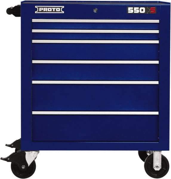 Proto - 6 Drawer Steel Tool Roller Cabinet - 34" Wide x 41" High x 25-1/4" Deep, Ball Bearing Drawer Slides, Blue - Industrial Tool & Supply