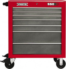Proto - 7 Drawer Steel Tool Roller Cabinet - 34" Wide x 41" High x 25-1/4" Deep, Ball Bearing Drawer Slides, Safety Red/Gray - Industrial Tool & Supply