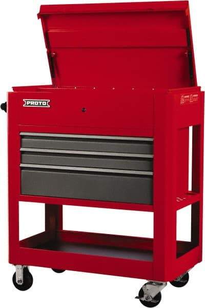 Proto - 23" Wide x 46" High x 30" Deep, 3 Drawer Tool Cart - 3,600 Lb Capacity, Steel, Safety Red/Gray - Industrial Tool & Supply