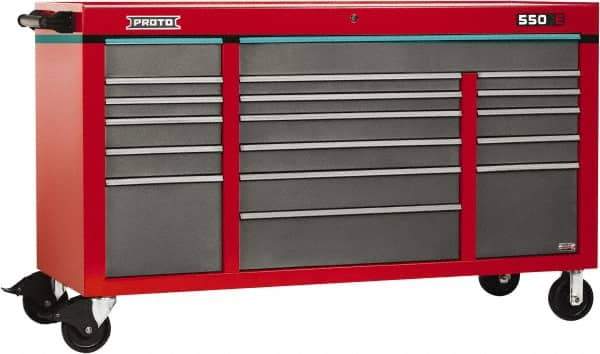 Proto - 30,144 Lb Capacity, 18 Drawer Mobile Power Workstation - 67" Wide x 25-1/4" Deep x 41" High, Steel, Safety Red & Gray - Industrial Tool & Supply
