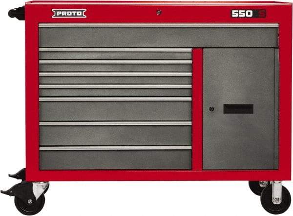 Proto - 18,920 Lb Capacity, 8 Drawer Mobile Workstation - 50" Wide x 25-1/4" Deep x 41" High, Steel, Safety Red & Gray - Industrial Tool & Supply