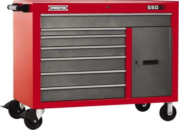 Proto - 18,109 Lb Capacity, 7 Drawer Mobile Workstation - 50" Wide x 25-1/4" Deep x 41" High, Steel, Safety Red & Gray - Industrial Tool & Supply