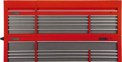 Proto - 15 Drawer Top Tool Chest - 88-1/4" Wide x 27" Deep x 27-1/4" High, Steel, Safety Red/Gray - Industrial Tool & Supply