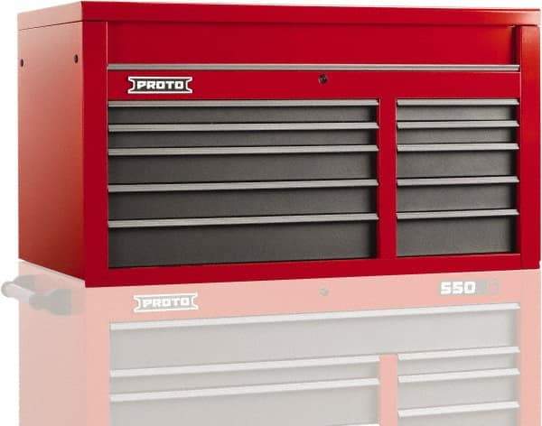 Proto - 10 Drawer Top Tool Chest - 50" Wide x 25-1/4" Deep x 27" High, Steel, Safety Red/Gray - Industrial Tool & Supply