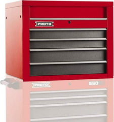 Proto - 4 Drawer Top Tool Chest - 34" Wide x 25-1/4" Deep x 27" High, Steel, Safety Red/Gray - Industrial Tool & Supply