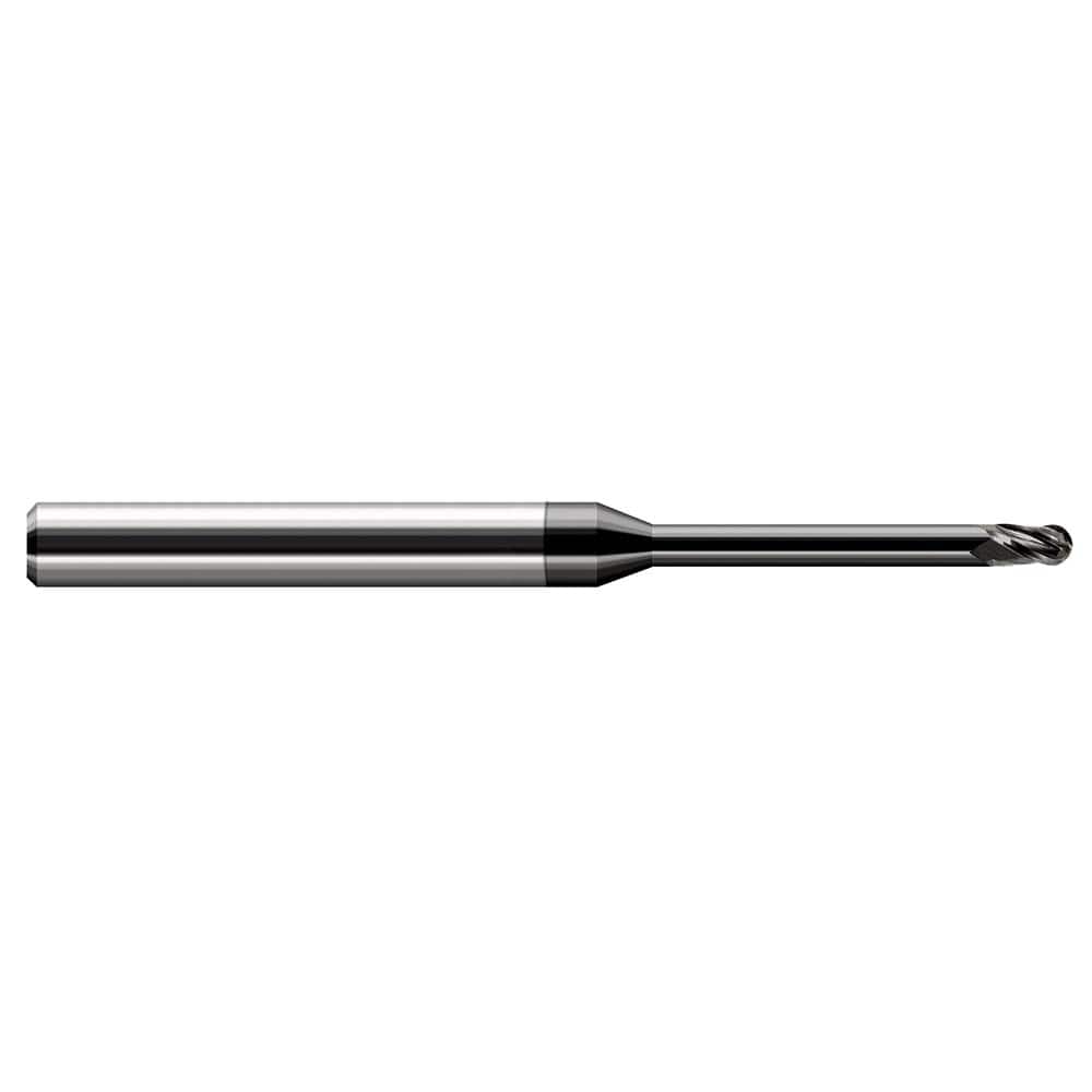 Ball End Mill: 0.03″ Dia, 0.045″ LOC, 3 Flute, Solid Carbide 2-1/2″ OAL, 1/8″ Shank Dia, 30 ° Helix, Amorphous Diamond Coated