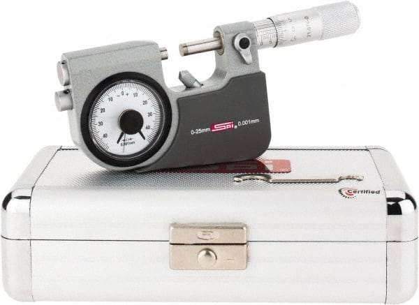 SPI - 0 to 25mm Range, 0.001mm Graduation, Mechanical Indicating Micrometer - Accurate to 0.002mm, Carbide Measuring Face - Industrial Tool & Supply