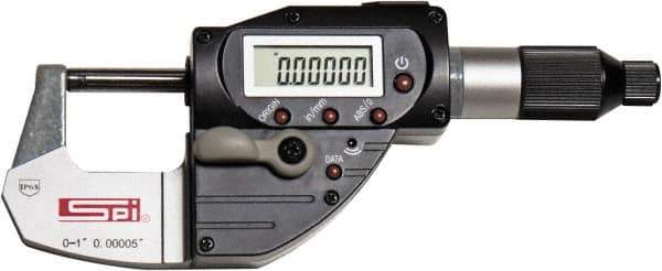 SPI - 0 to 1" Range, 0.00005" Resolution, IP65 Electronic Outside Micrometer - 0.00015" Accuracy, CR2032 Battery - Industrial Tool & Supply