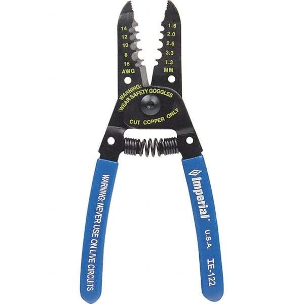 Imperial - 8 to 16 AWG Capacity Wire Stripper/Cutter - 6" OAL, Hardened Steel with Cushion Grip Handle - Industrial Tool & Supply