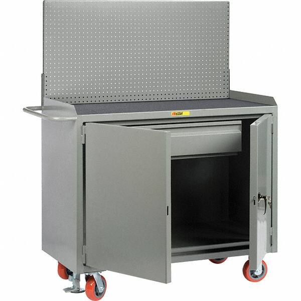 Little Giant - 3,600 Lb Capacity, 2 Shelf, 1 Drawer, 2 Door Mobile Bench Cabinet with Pegboard Panel - 53" Wide x 24" Deep x 43" High, Steel, Gray - Industrial Tool & Supply