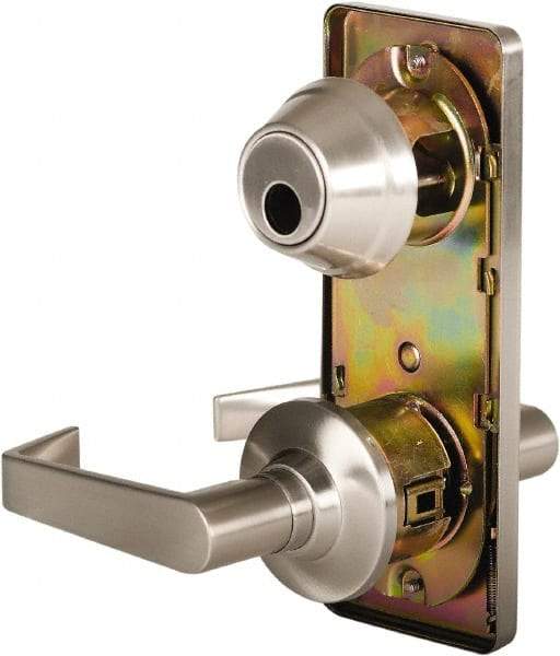 Stanley - Grade 2 Passage Lever Lockset for 1-3/8 to 2" Thick Doors - 2-3/4" Back Set, Keyless Cylinder, Brass Alloy, Satin Nickel Finish - Industrial Tool & Supply