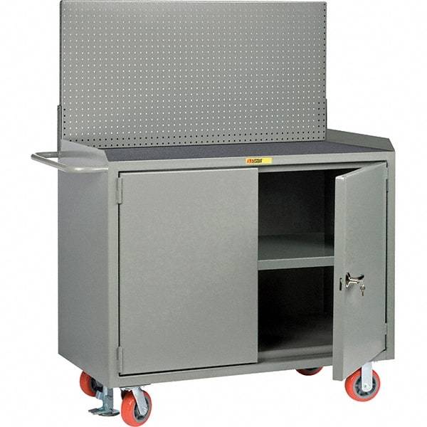 Little Giant - 3,600 Lb Capacity, 3 Shelf, 2 Door Mobile Bench Cabinet with Pegboard Panel - 53" Wide x 24" Deep x 43" High, Steel, Gray - Industrial Tool & Supply