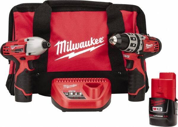 Milwaukee Tool - 12 Volt Cordless Tool Combination Kit - Includes 1/4" Hex Impact Driver & 3/8" Hammer Drill, Lithium-Ion Battery Included - Industrial Tool & Supply