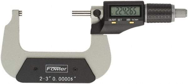 Fowler - 2 to 3" Range, 0.00005" Resolution, Standard Throat IP54 Electronic Outside Micrometer - 0.0002" Accuracy, Ratchet Stop Thimble, Carbide Face, CR2032 Battery - Industrial Tool & Supply