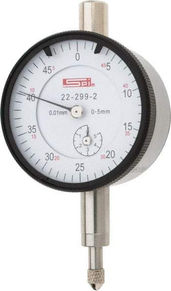 SPI - 5mm Range, 0-50 Dial Reading, 0.01mm Graduation Dial Drop Indicator - 42mm Dial, 0.5mm Range per Revolution, 0.016mm Accuracy, Includes NIST Traceability Certification - Industrial Tool & Supply