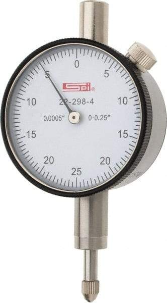 SPI - 1/4" Range, 0-25-0 Dial Reading, 0.0005" Graduation Dial Drop Indicator - 1.61" Dial, 0.05" Range per Revolution, 0.0005" Accuracy, Includes NIST Traceability Certification - Industrial Tool & Supply